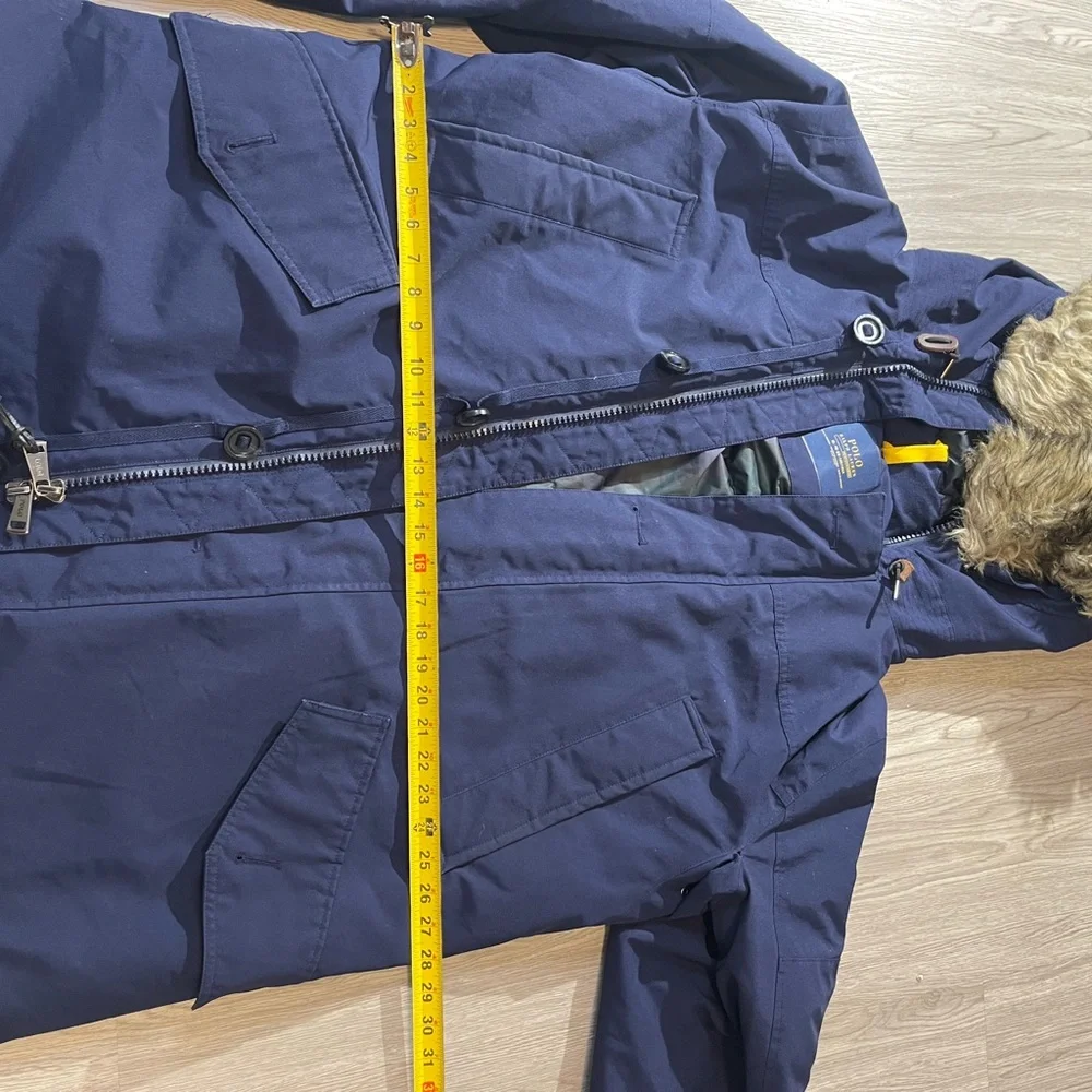 Polo by Ralph Lauren Navy Hooded Puffer Parka with Faux Fur Trim